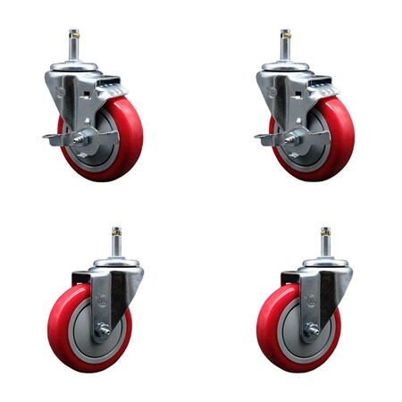 Service Caster 4'' Red Poly Wheel Swivel 7/16'' Grip Ring Stem Caster Set 2 Brakes, 4PK SCC-GR20S414-PPUB-RED-TLB-716138-2S2